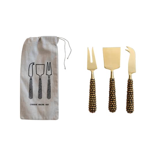 Hello Honey® Gold Stainless Steel Cheese Server Set with Cast Brass Beaded Handles